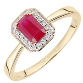 0.55ct Octagonal Ruby and Round Diamond Cluster Ring in UK Hallmarked 9ct Yellow Gold